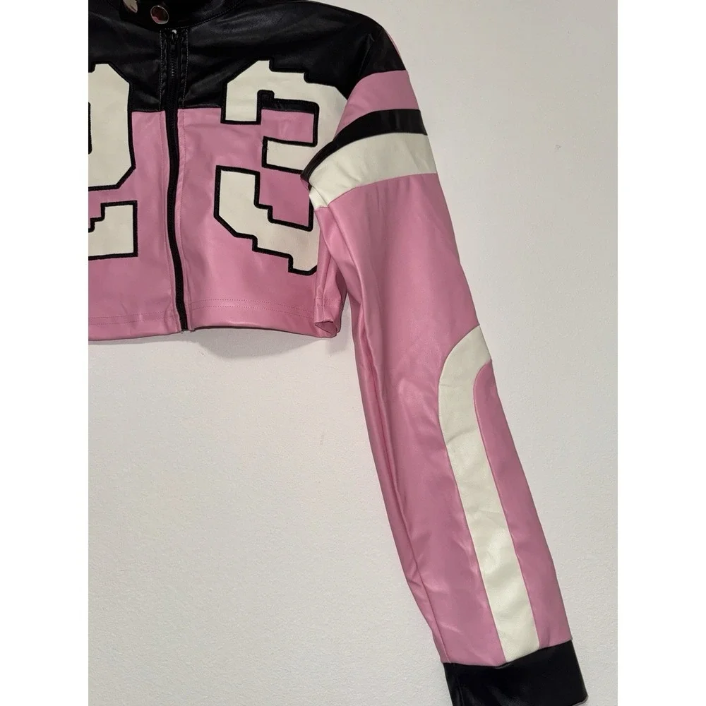 Leather Cropped Motorcycle Y2K Letter Bomber Jacket Size XS